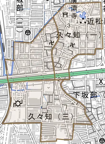 久々知とその周辺の地図。町の範囲を重ねている
