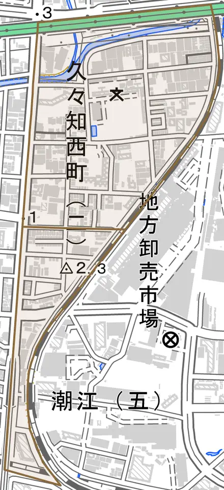 久々知西町とその周辺の地図。町の範囲を重ねている
