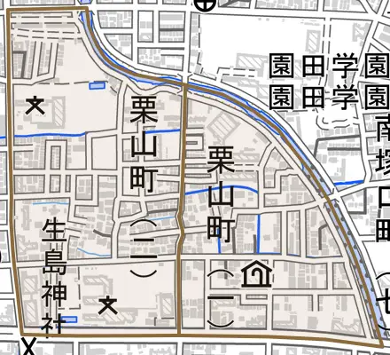 栗山町とその周辺の地図。町の範囲を重ねている