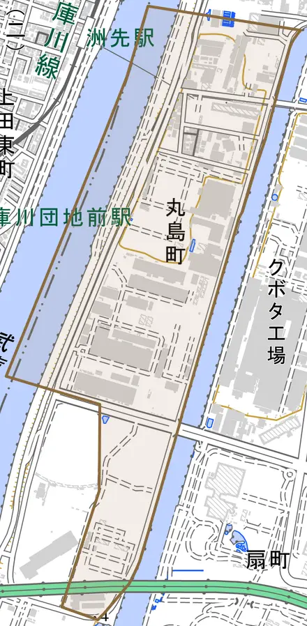 丸島町とその周辺の地図。町の範囲を重ねている