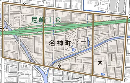 名神町とその周辺の地図。町の範囲を重ねている