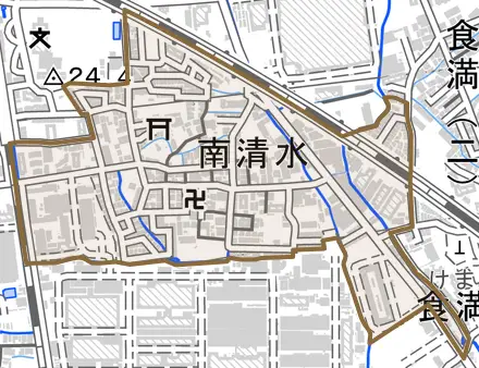 南清水とその周辺の地図。町の範囲を重ねている