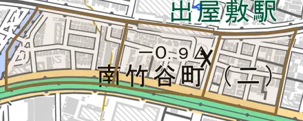 南竹谷町とその周辺の地図。町の範囲を重ねている