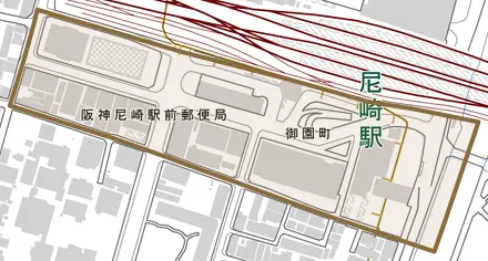 御園町とその周辺の地図。町の範囲を重ねている