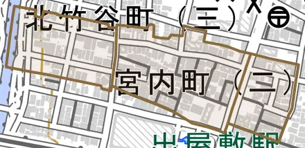 宮内町とその周辺の地図。町の範囲を重ねている