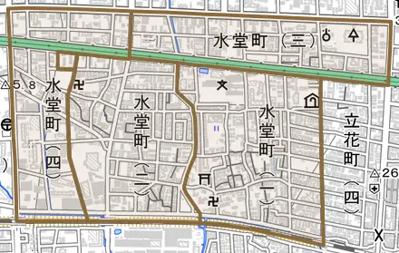水堂町とその周辺の地図。町の範囲を重ねている