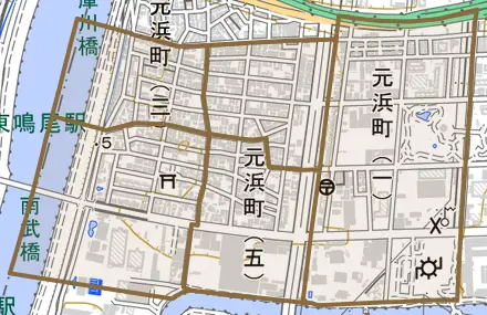 元浜町とその周辺の地図。町の範囲を重ねている