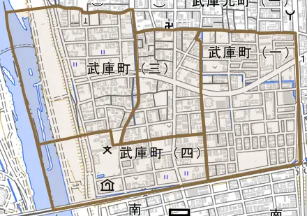 武庫町とその周辺の地図。町の範囲を重ねている