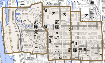武庫元町とその周辺の地図。町の範囲を重ねている