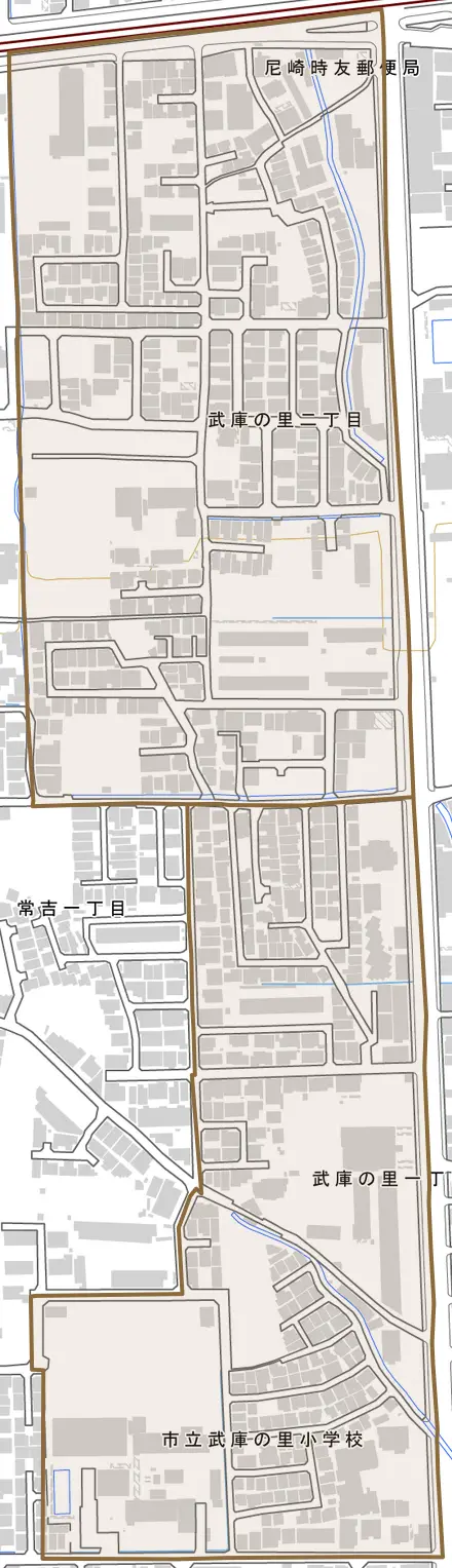 武庫の里とその周辺の地図。町の範囲を重ねている