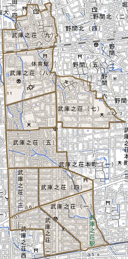 武庫之荘とその周辺の地図。町の範囲を重ねている