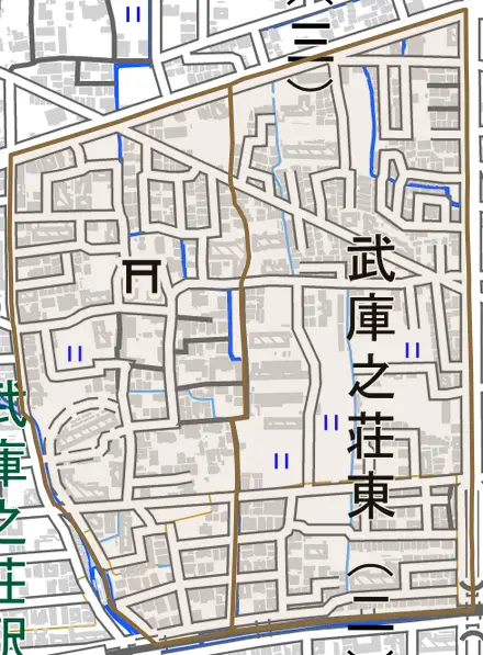 武庫之荘東とその周辺の地図。町の範囲を重ねている