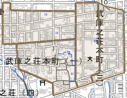 武庫之荘本町とその周辺の地図。町の範囲を重ねている