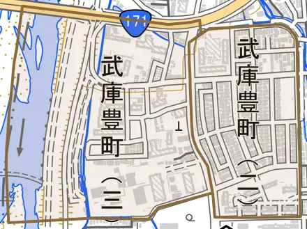 武庫豊町とその周辺の地図。町の範囲を重ねている
