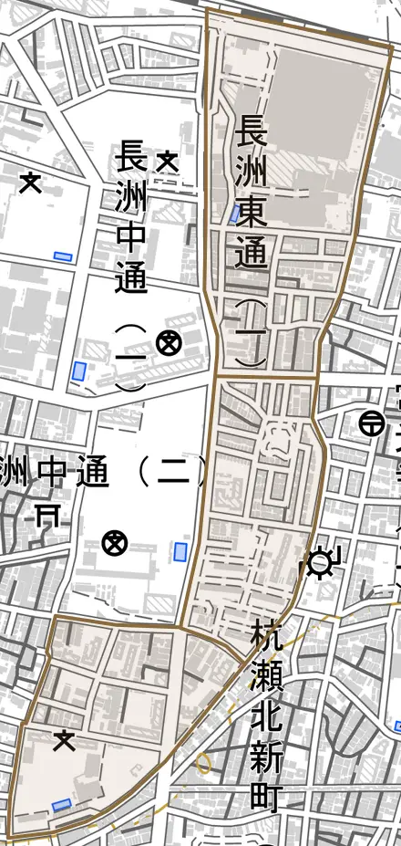 長洲東通とその周辺の地図。町の範囲を重ねている