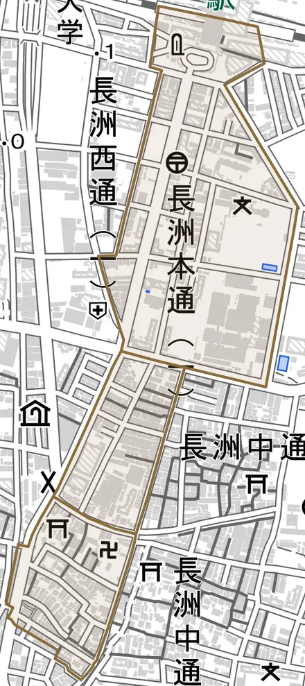 長洲本通とその周辺の地図。町の範囲を重ねている