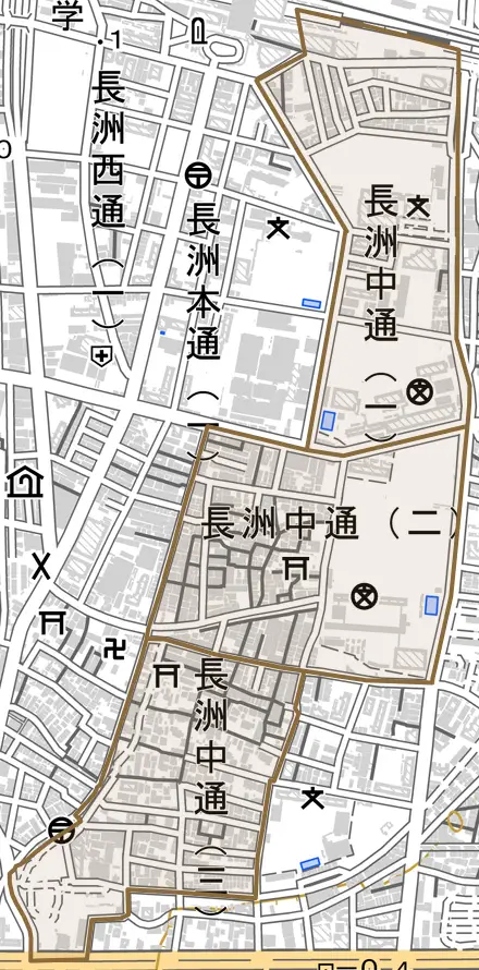 長洲中通とその周辺の地図。町の範囲を重ねている