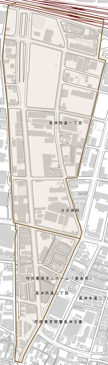 長洲西通とその周辺の地図。町の範囲を重ねている