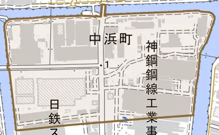 中浜町とその周辺の地図。町の範囲を重ねている