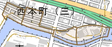 中在家町とその周辺の地図。町の範囲を重ねている