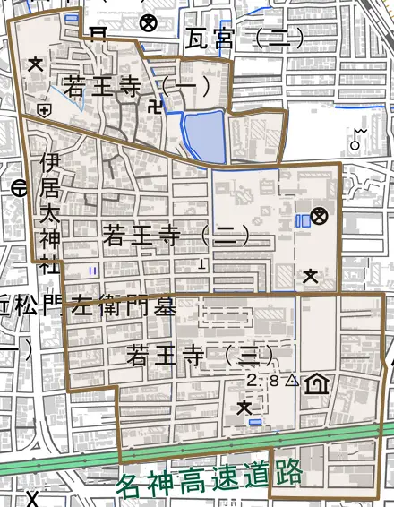 若王寺とその周辺の地図。町の範囲を重ねている