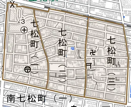 七松町とその周辺の地図。町の範囲を重ねている