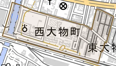 西大物町とその周辺の地図。町の範囲を重ねている