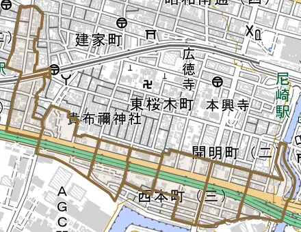 西本町とその周辺の地図。町の範囲を重ねている