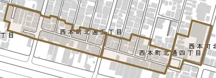西本町北通とその周辺の地図。町の範囲を重ねている