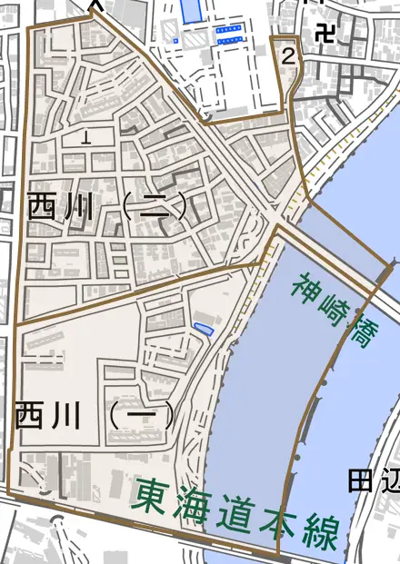 西川とその周辺の地図。町の範囲を重ねている