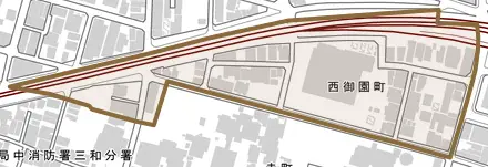 西御園町とその周辺の地図。町の範囲を重ねている
