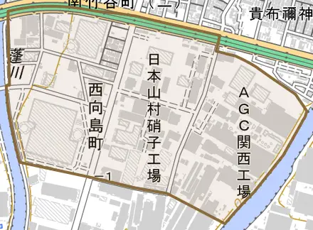 西向島町とその周辺の地図。町の範囲を重ねている