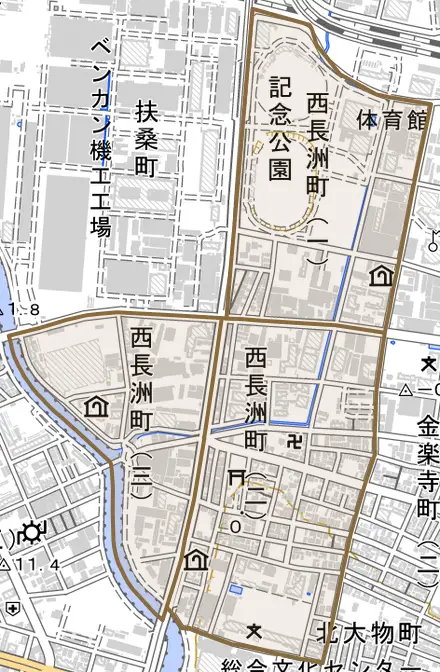 西長洲町とその周辺の地図。町の範囲を重ねている