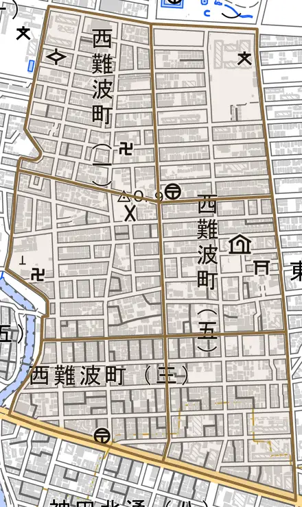 西難波町とその周辺の地図。町の範囲を重ねている