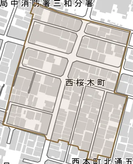 西桜木町とその周辺の地図。町の範囲を重ねている