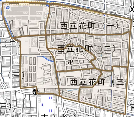 西立花町とその周辺の地図。町の範囲を重ねている