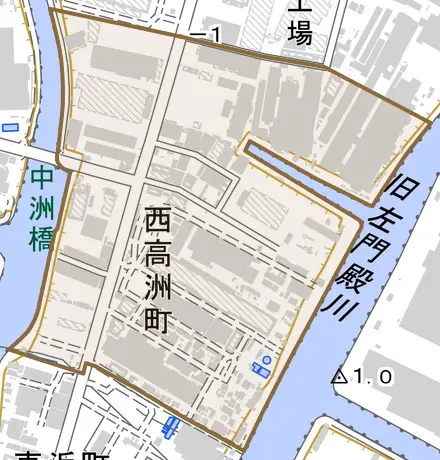 西高洲町とその周辺の地図。町の範囲を重ねている