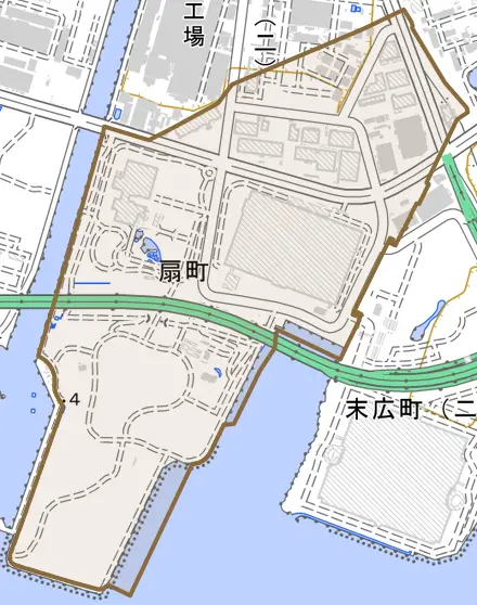 扇町とその周辺の地図。町の範囲を重ねている