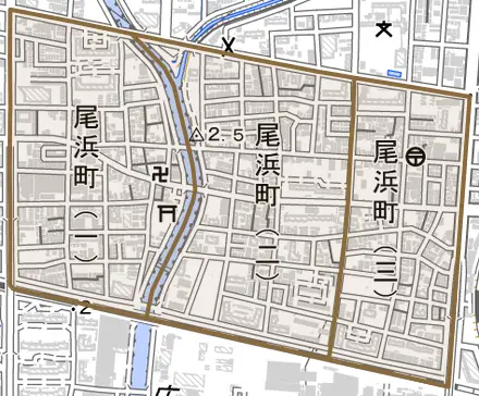 尾浜町とその周辺の地図。町の範囲を重ねている