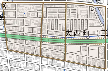 大西町とその周辺の地図。町の範囲を重ねている