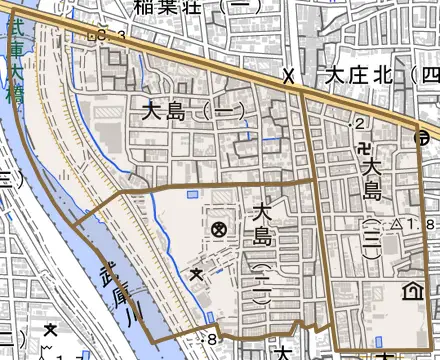 大島とその周辺の地図。町の範囲を重ねている