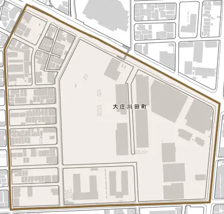 大庄川田町とその周辺の地図。町の範囲を重ねている