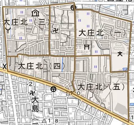 大庄北とその周辺の地図。町の範囲を重ねている