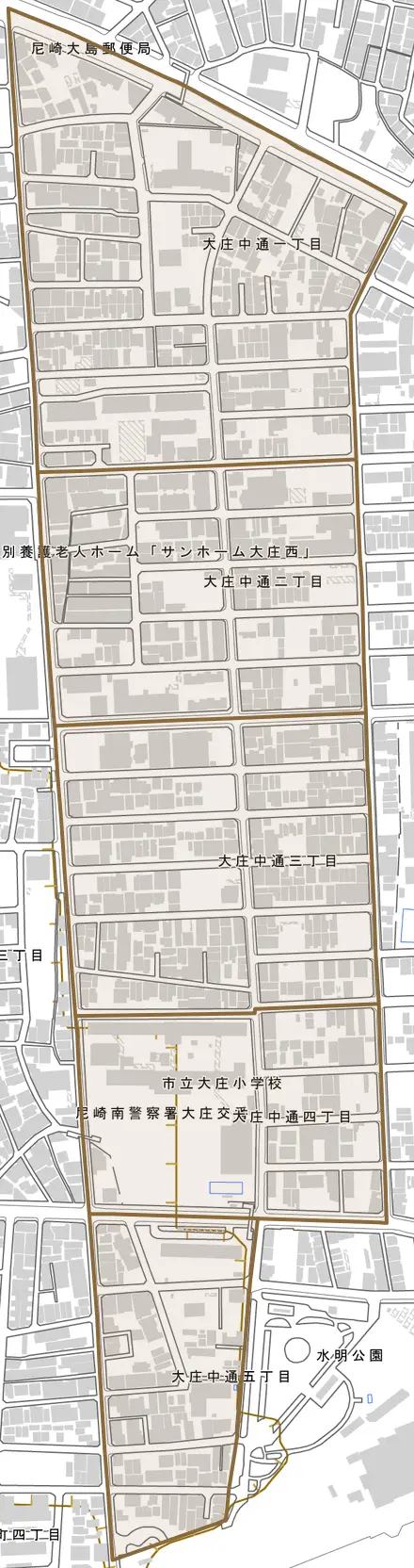 大庄中通とその周辺の地図。町の範囲を重ねている