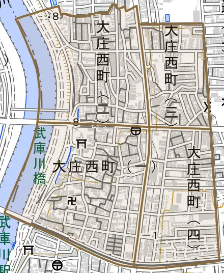 大庄西町とその周辺の地図。町の範囲を重ねている