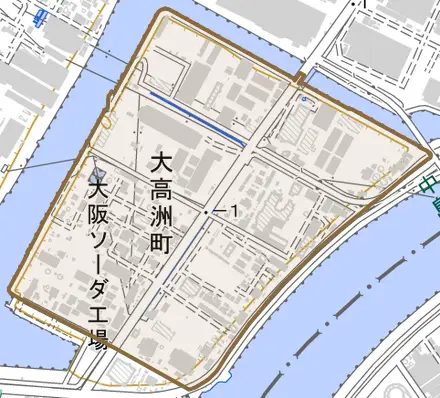 大高洲町とその周辺の地図。町の範囲を重ねている
