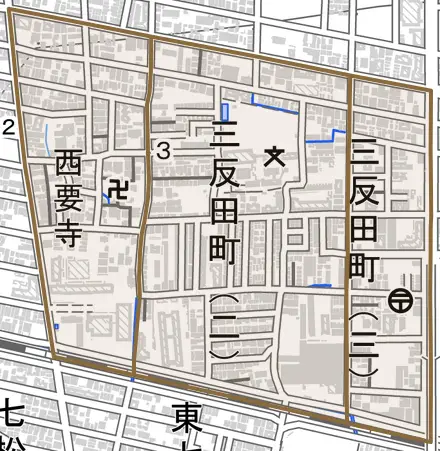 三反田町とその周辺の地図。町の範囲を重ねている