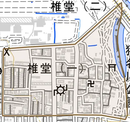 椎堂とその周辺の地図。町の範囲を重ねている