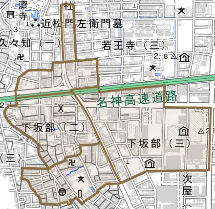 下坂部とその周辺の地図。町の範囲を重ねている