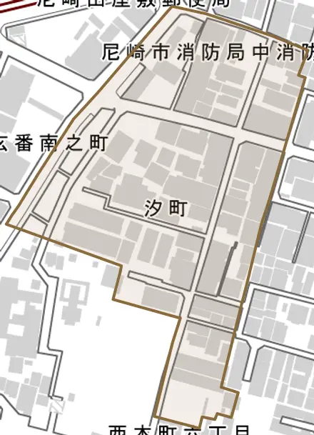 汐町とその周辺の地図。町の範囲を重ねている